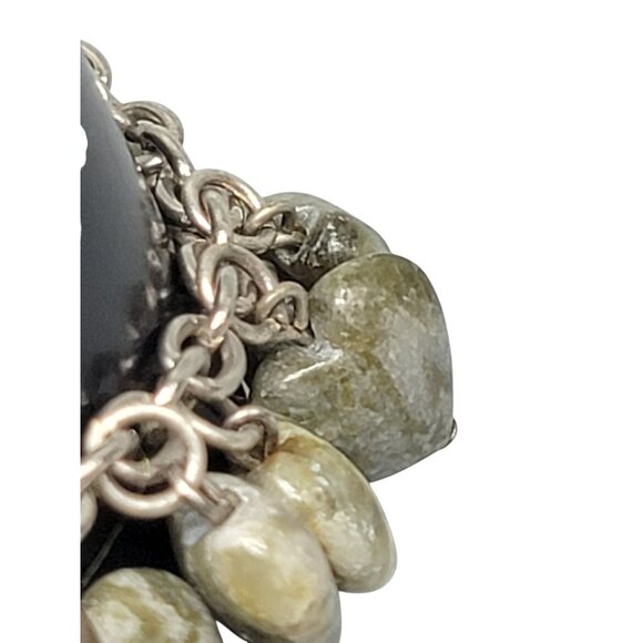 Jadeite Heart Dangling Charm Bracelet Silver Tone Oval Link Chain Adjustable 8" - Picture 11 of 13